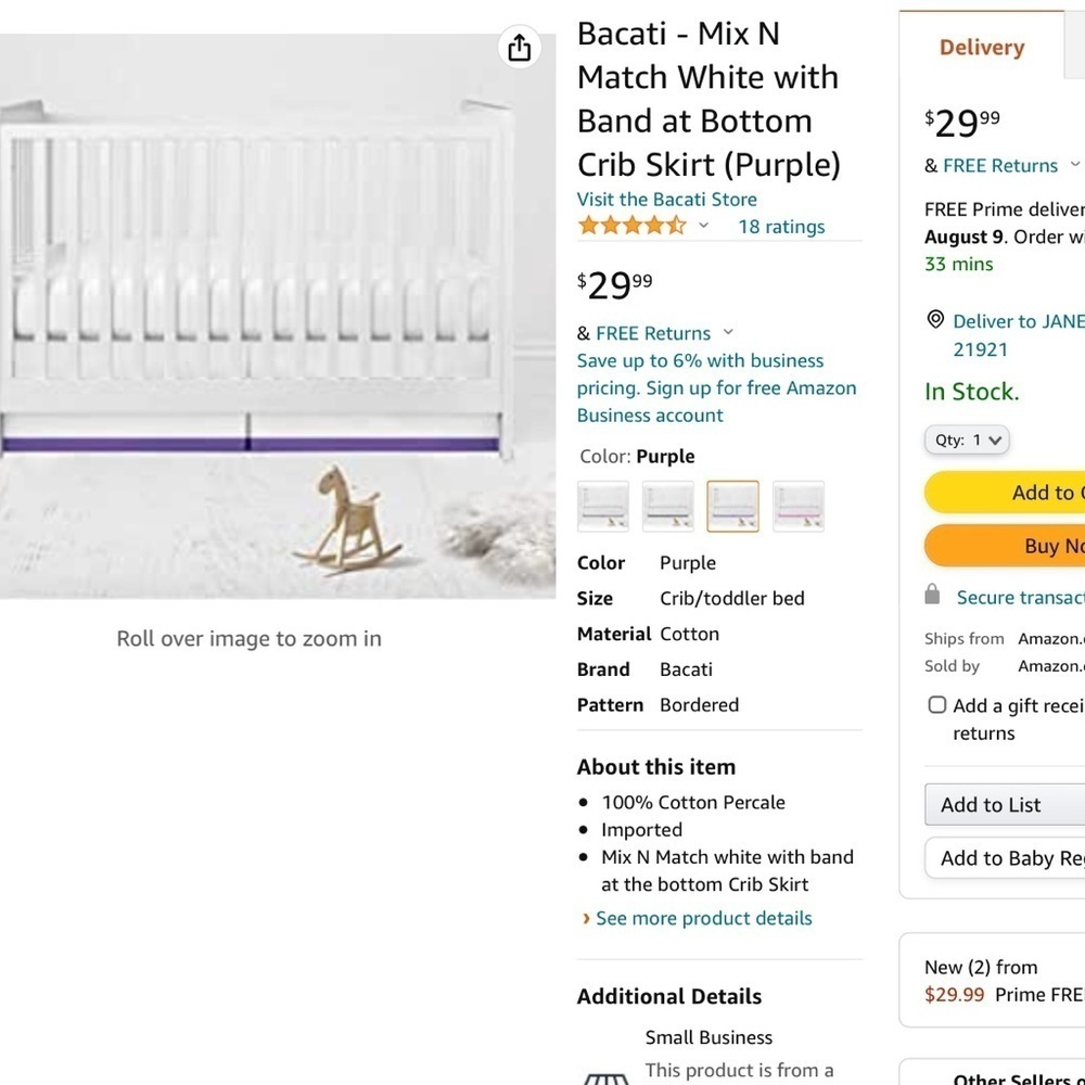 Bacati Crib Skirt Toddler Bed Skirt Cotton 13 In Drop White Purple Border Band - Picture 8 of 9
